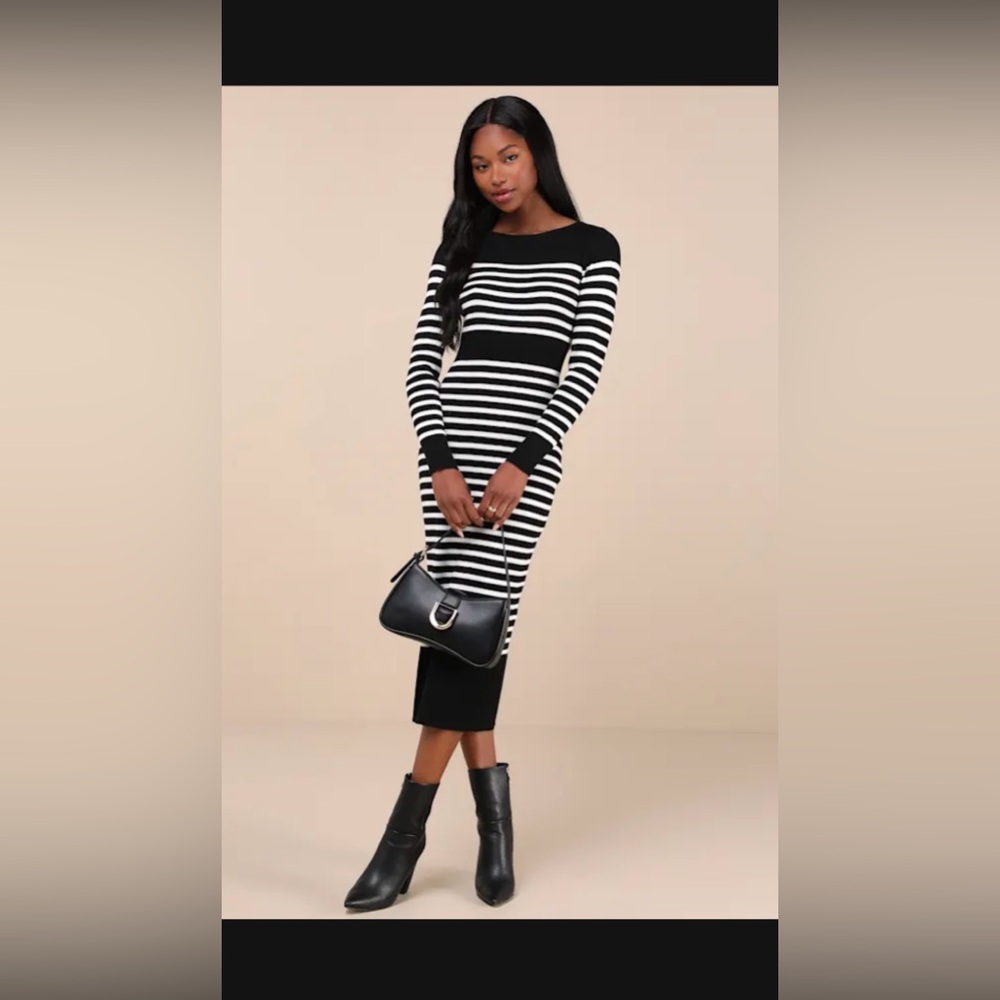 Lulus Effortlessly Ready Black Striped Ribbed Midi Sweater Dress - Size XL